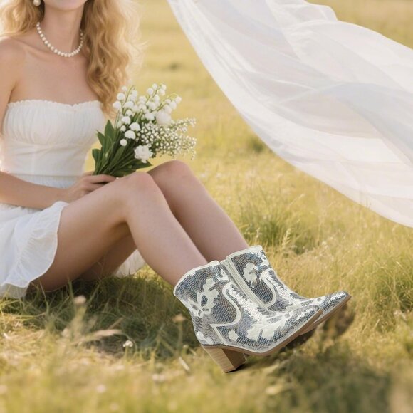 JABASIC Women White Western Cowboy Ankle Boots Low Cowgirl with Zipper - Picture 3 of 7